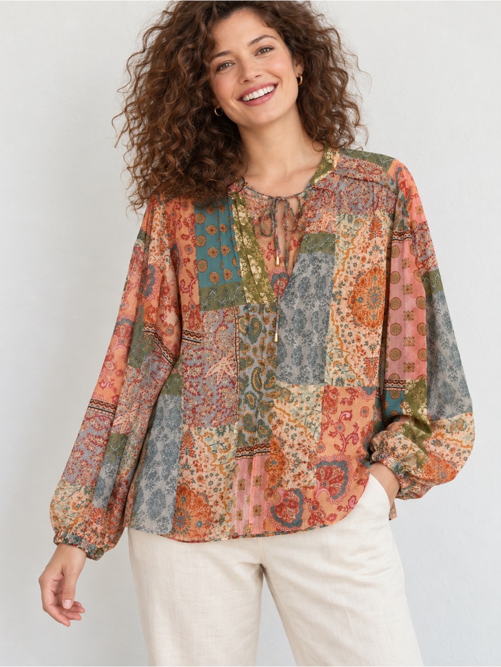 Zara Patchwork Look Sheer Front Tie Metallic Thread Blouse Top | Boho EUC S 2695